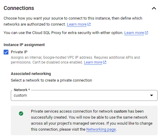 Private services access connection enabled