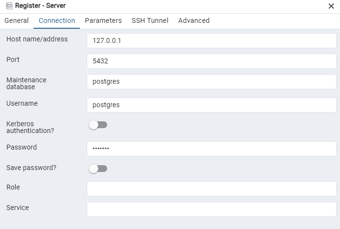 pgAdmin register server